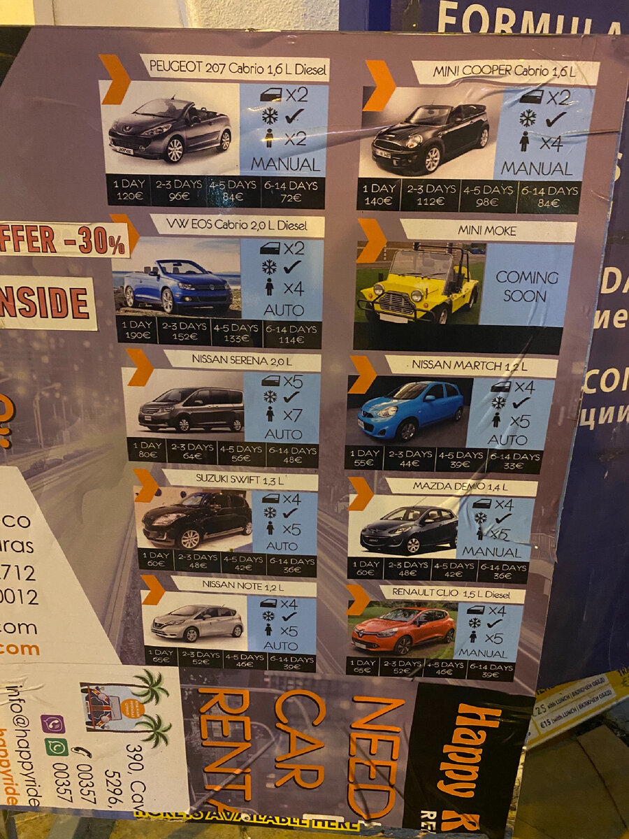 Цены на аренду машин. Цены у всех салонов примерно одинаковые, поэтому лучше брать у вашего туроператора. 