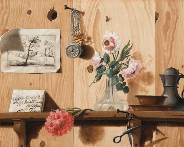 Trompe-l'oeil с цветами, рисунком, ножницами, часами, тарелками и кувшином на деревянной полке.  Андреа Урбани. Венеция,  1711 — 1798 гг. Масло на холсте, 52,2 х 64,8 см.