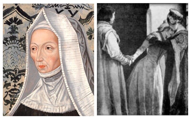 Маргарет Бофорт слева; фрагмент картины «Катержина прощается с отцом и матерью перед отъездом в Венгрию» . 