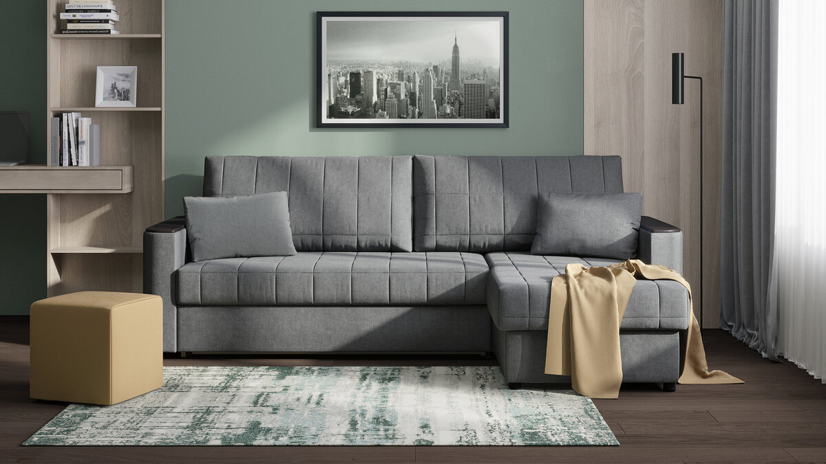 Диван угловой «Даллас», 2460Х1650Х880 мм (размер спального места 1500х2080 мм), механизм трансформации «дельфин», обивка – велюр, ящик для белья. Каркас металлический. Стоимость – от 47 000 руб. Фото компании «Мебель Лига»