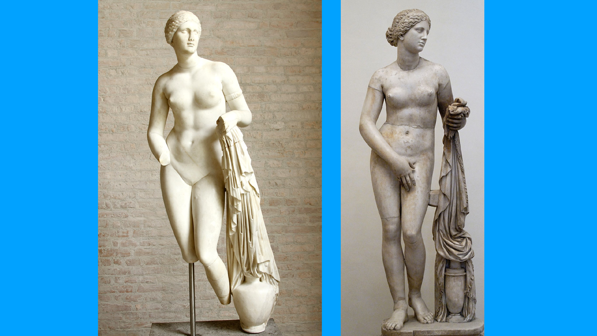 1. Афродита Браски (копия Афродиты Книжской). Мрамор, 1,52 м. I век до н.э. Глиптотека Мюнхена. 2. Римская копия Афродиты Книдской, отреставрированная в новое время с добавлением утраченных элементов. Мрамор. Национальный музей Рима