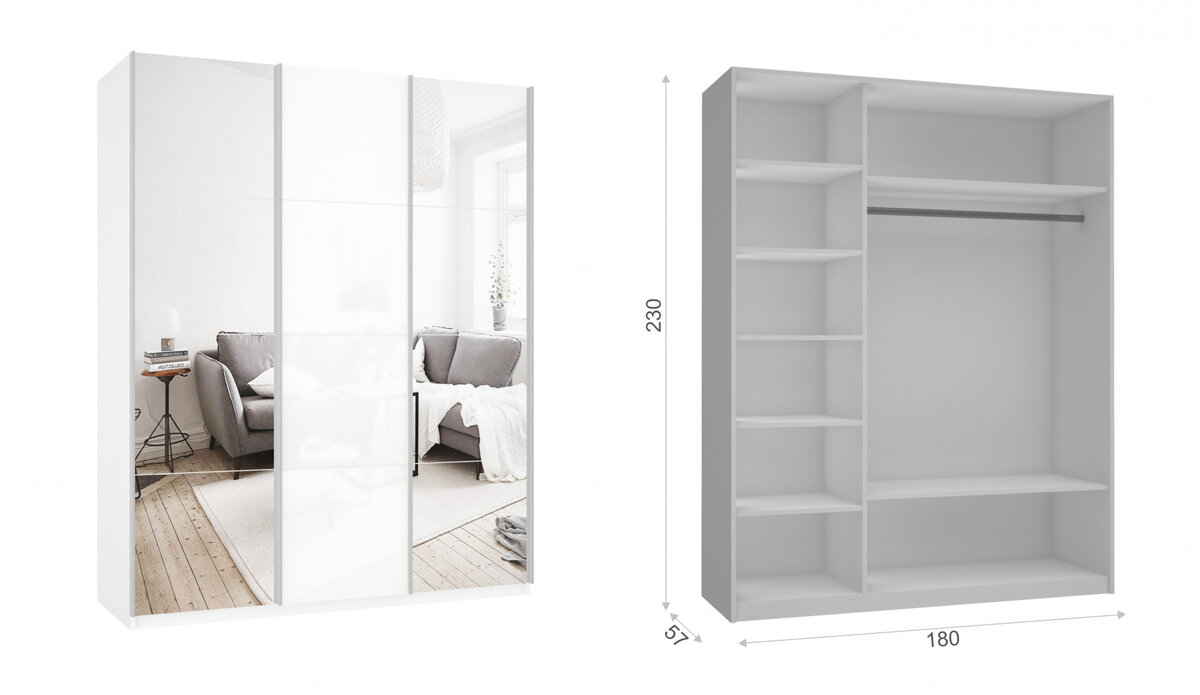 Шкаф-купе Прайм 1800 (стекло) с зеркалами Белое стекло/белый снег с зеркалами