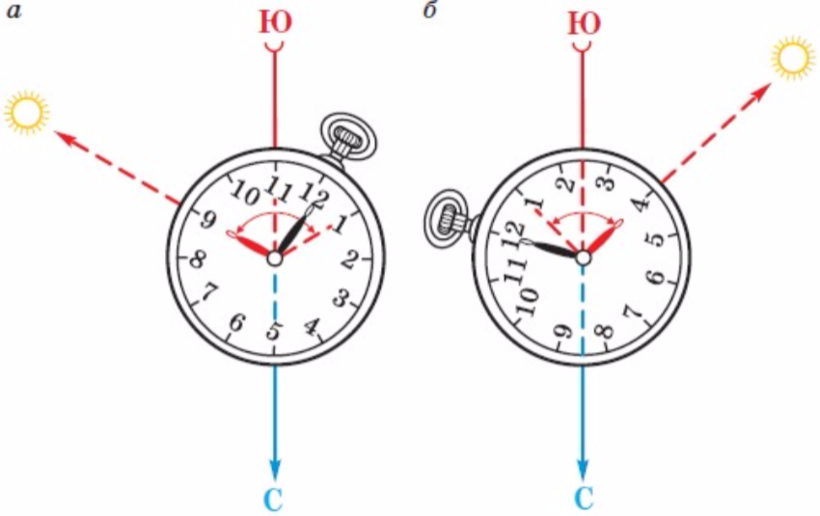 Часы определяют местоположение. Определить стороны света по часам. Как ориентироваться на местности с помощью часов. Ориентирование на местности по солнцу и часам. Как определить стороны света по часам со стрелками.