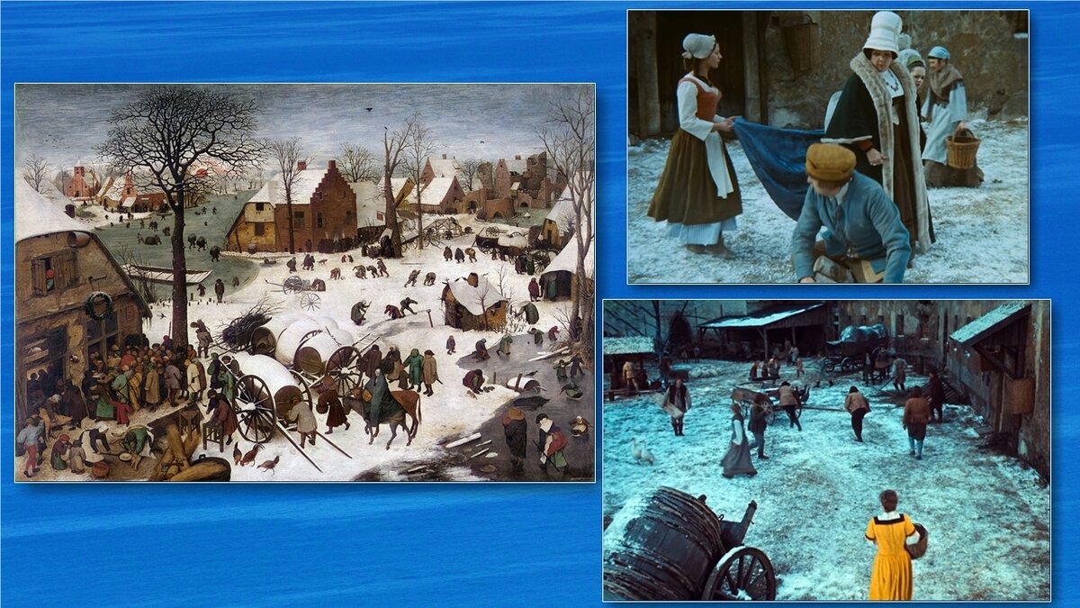 Питер Брейгель Перепись в Вифлееме. И скрины из фильма «Три орешка для Золушки».
(специально не стала брать "Охотников на снегу" для сравнения)