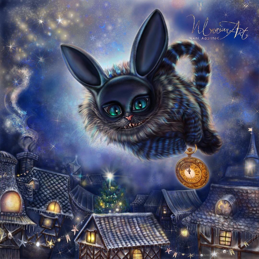 Чеширский кот на фоне ночного неба