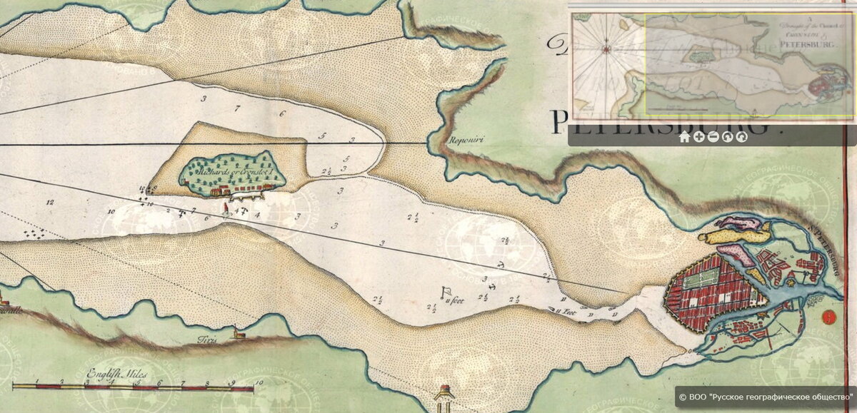 Карта «A Draught of the Channel to Cronslot&Petersburg», изданная С.Паркером в 1728 году
