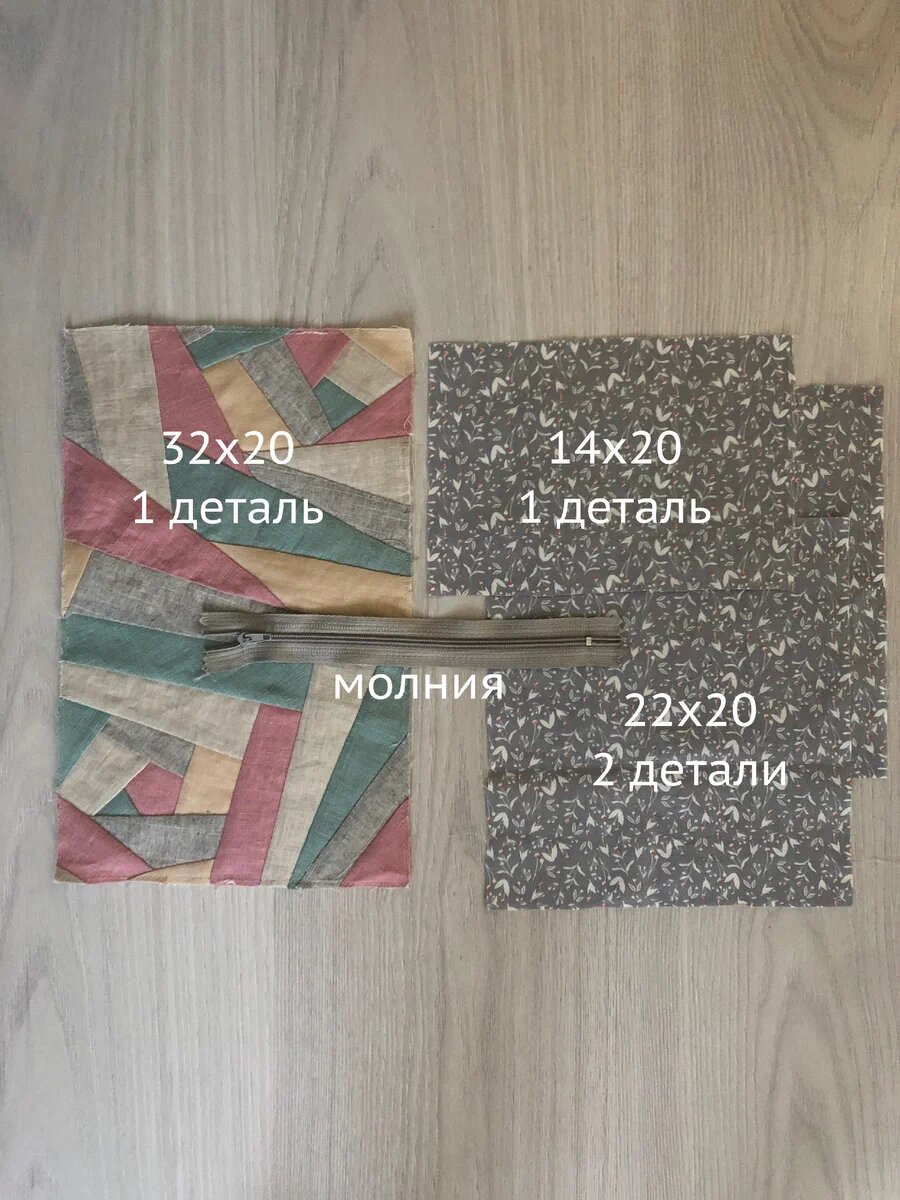На получившуюся заготовку приклеила рубашечный дублерен. Основная деталь 32х20 см., детали подкладки 22х20 см.- 2 детали, 14х20 см. - 1 деталь., молния 22 см.