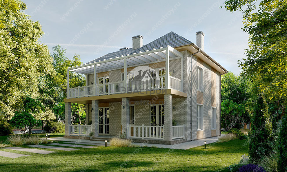 Проект двухэтажного дома 307 м2 с чердаком, балконом, эркером и террасой - SRK-83