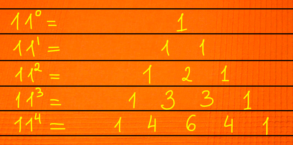 Дальше такая красота нарушается, и чтобы сохранилась связь между степенями 11 и треугольником Паскаля, придется правило доработать.