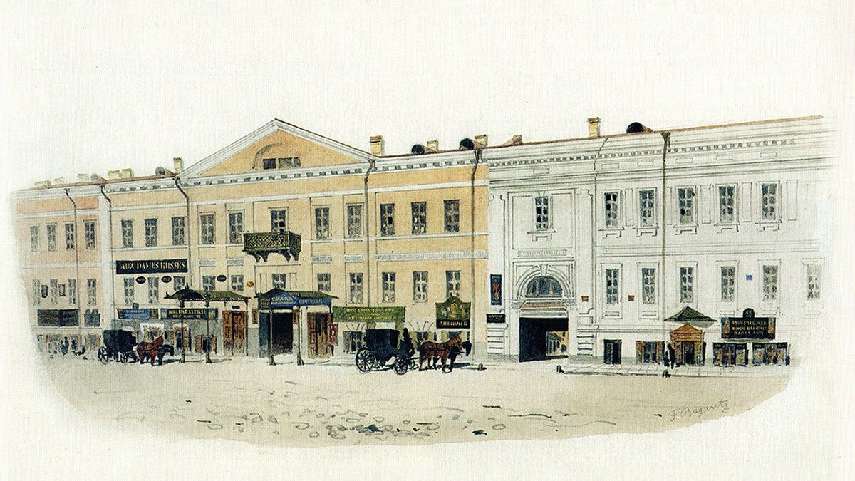 Акварель Федора Баганца, 1860-е годы. Слева дом № 17 на Малой Морской улице. Здесь в 1833–1836 гг. писатель Николай Гоголь снимал небольшую квартиру. Квартплата вместе со свечами и дровами составляла 37 рублей в месяц. Фото: skillbox.ru