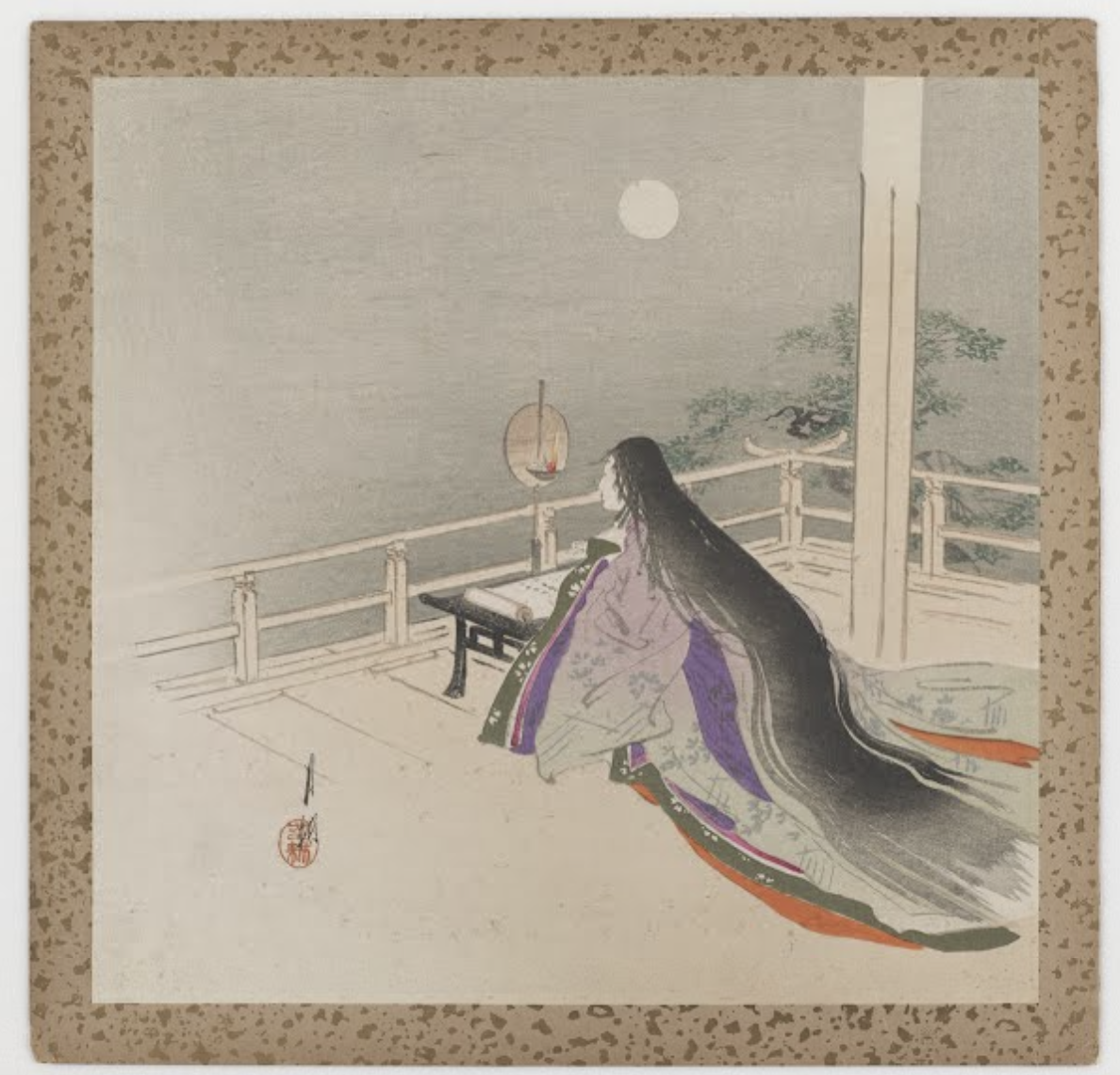 Lady Murasaki on her balcony under a full moon writing by candleight авторства Ogata Gekkō, примерно 1900; https://artsandculture.google.com/asset/lady-murasaki-on-her-balcony-under-a-full-moon-writing-by-candleight-artist-ogata-gekko/CQGLybw23-4stg
