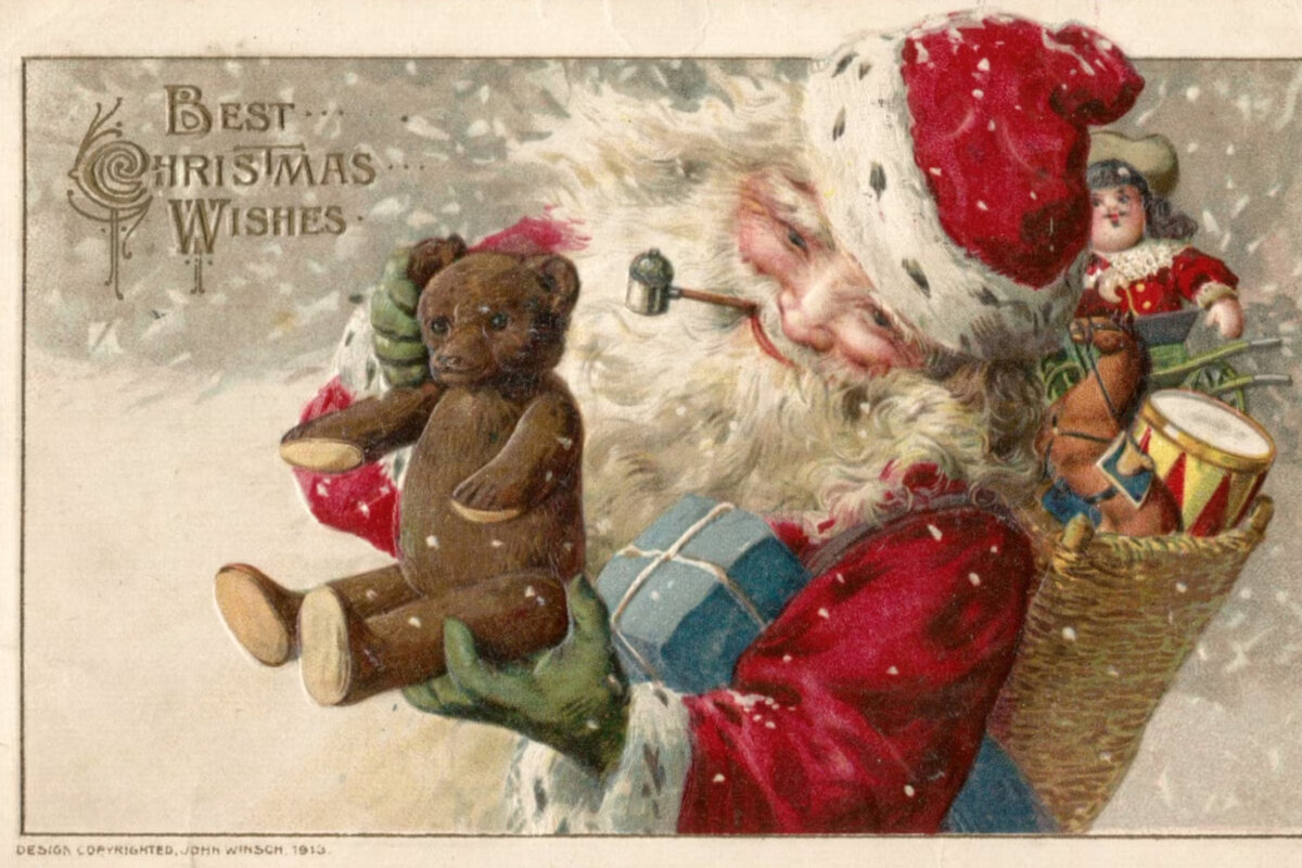 На этой старой открытке Санта похож, на эксцентричного выжившего из ума боцмана, который в пургу ушёл из дома, прихватив по слабоумию игрушки внука