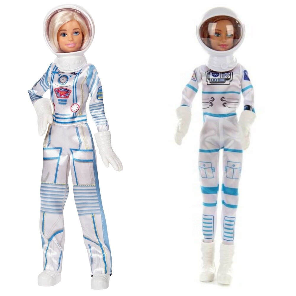 Барби Астронавт, выпущенная к 60-летию серии "Кем быть?" и ее клон Люси. Также есть версия Люси в бело-оранжевом скафандре. 