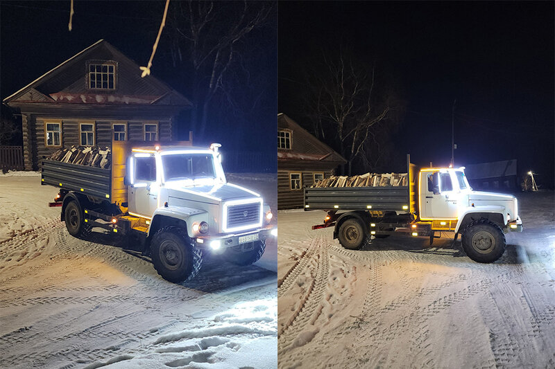    На украшенном светодиодной лентой ГАЗе-3308 многодетный отец Александр Чистяков развозит дрова