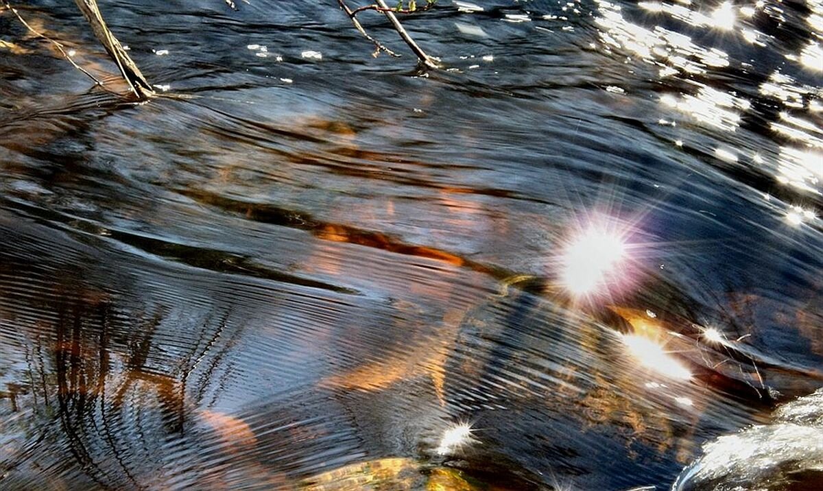 Вода едва блестела в реке. Солнечные блики на воде. Отражение в воде. Блики солнца на воде.