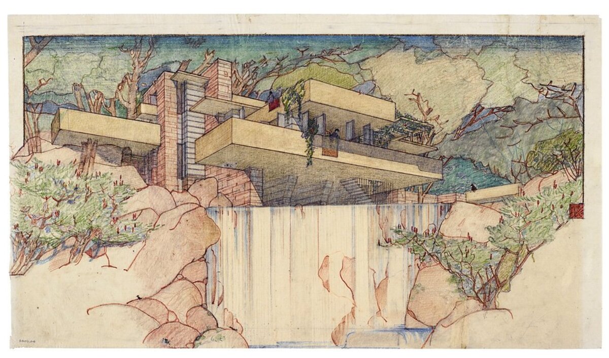 Фрэнк Ллойд Райт. Проект Дома над водопадом (Дома Кауфмана) в Пенсильвании. 1934–1937. Цветной карандаш. Фото: МоМА. Источник: Yandex.Картинки