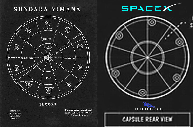 Слева – чертеж Сундара Виманы, созданный по трактату «Виманика-шастра» в 1924 году. Справа – чертеж заднего вида космического корабля «Crew Dragon», представленного Илоном Маском в 2014 году. 
