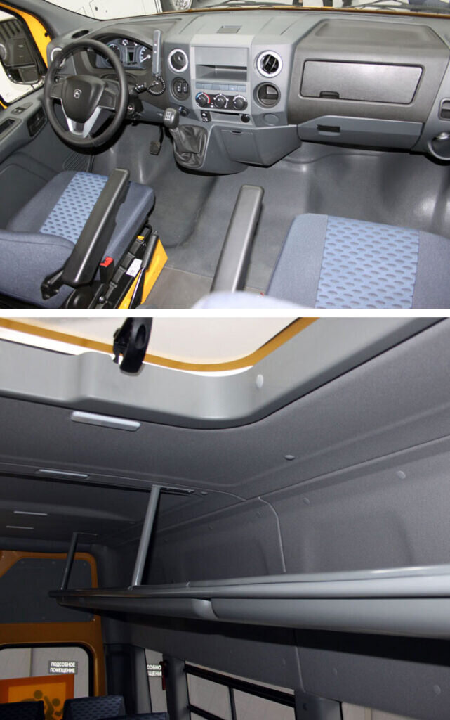 Место сопровождающего справа от водителя, а для школьных рюкзаков предусмотрены полки над сиденьями