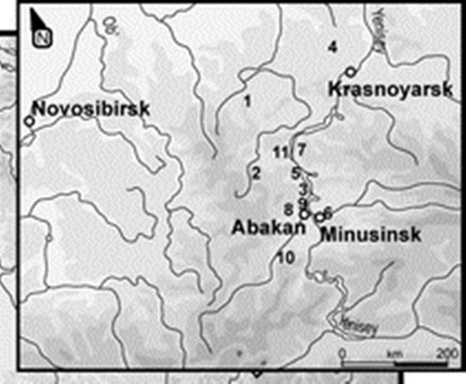 На врезке показаны (нумерация) расположения археологических участков, на которых брали костные материалы для определения ДНК. Видно, что это далекое Зауралье – несколько тысяч километров на восток от Урала, к северу от монгольской границы, в праалтайском регионе. (Из статьи 2009 г.).