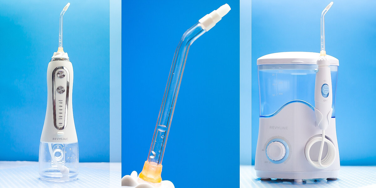 Слева направо- портативный ирригатор, насадка на ирригатор, стационарный ирригатор