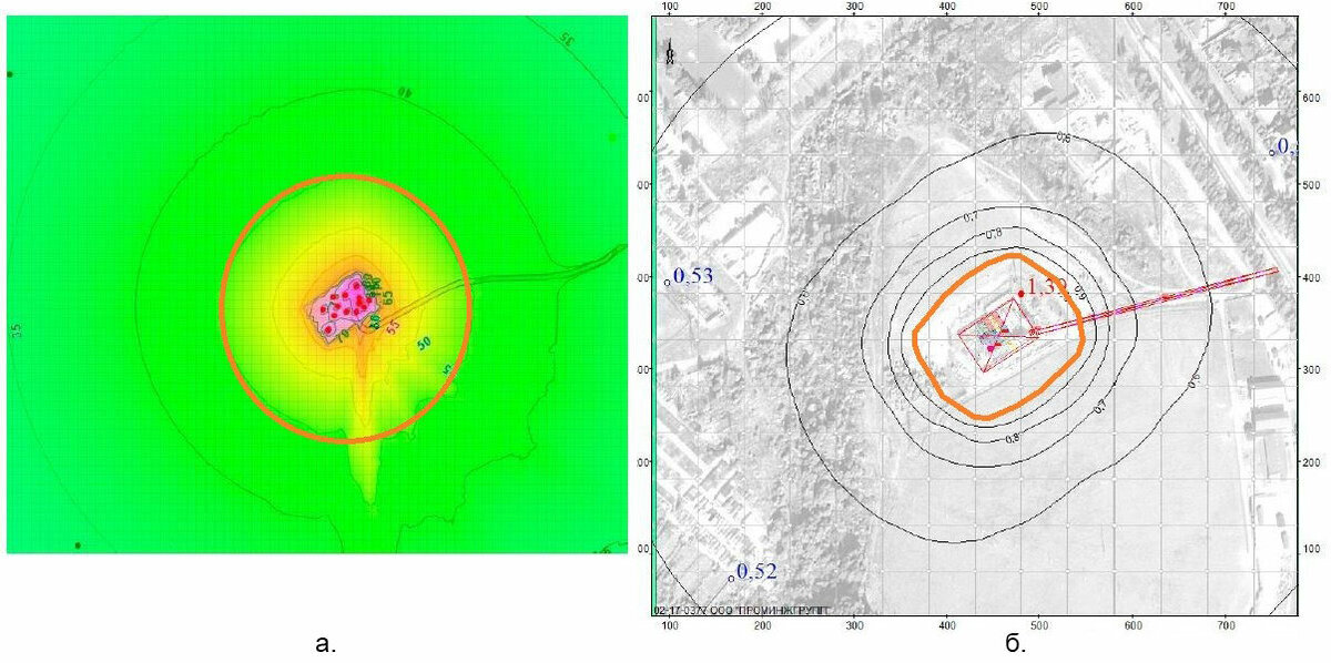 Определение границ санитарно-защитной зоны по фактору шумового воздействия (а) и загрязнения атмосферного воздуха(б) 