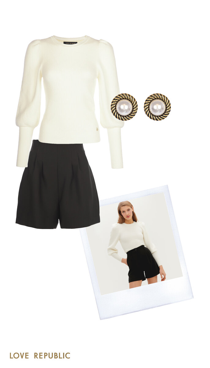 На фото: джемпер (арт. 1151360843), шорты бермуды (арт. 0357218719), серьги-гвоздики (арт. 144148006).