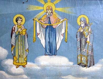 Богородица в окружении Св.Пантелеймона-целителя и Св.апостола Луки. Фрагмент литографии с изображением Свято-Пантелеймонова монастыря на горе Афон. Из собрания автора. 