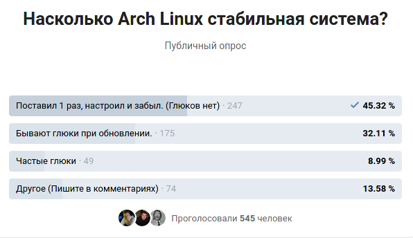 Опрос "Насколько Arch Linux стабильная система?" проведенный в группе https://vk.com/arch4u