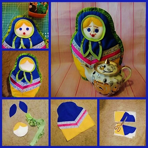 Яркая и улыбчивая флисовая грелка-матрешка не потребует много материалов времени для изготовления 