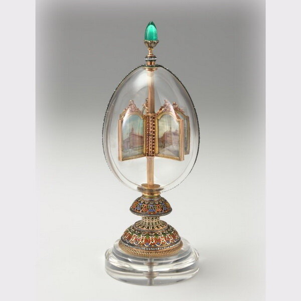Яйцо изготовлено из хрусталя Михаилом Перхиным (1860-1903), сюрпризом этого яйца являются живописных 12 миниатюр. 