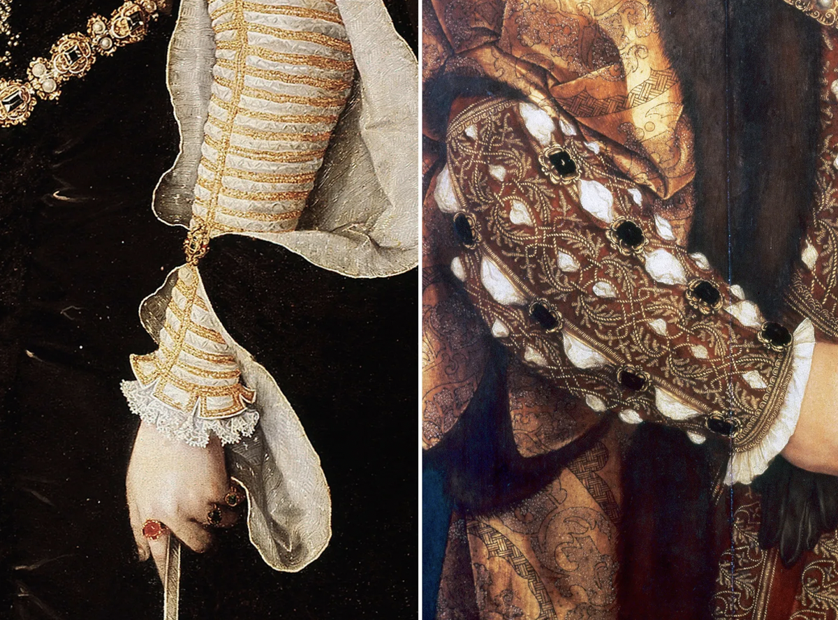 Картины, висящие в главных музеях мира, помогают нам понять огромную роль пуговиц. Слева — пуговица на рукаве Изабеллы Валуа; справа —  Генрихом VIII, изображенный Гансом Гольбейном Младшим. Художник был персональным дизайнером и костюмером самого известного английского короля. 