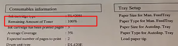 "Remaining Amount of Toner" - строчка отчета о заправке тонер-картриджа   