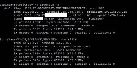 Результат ввода команды ifconfig