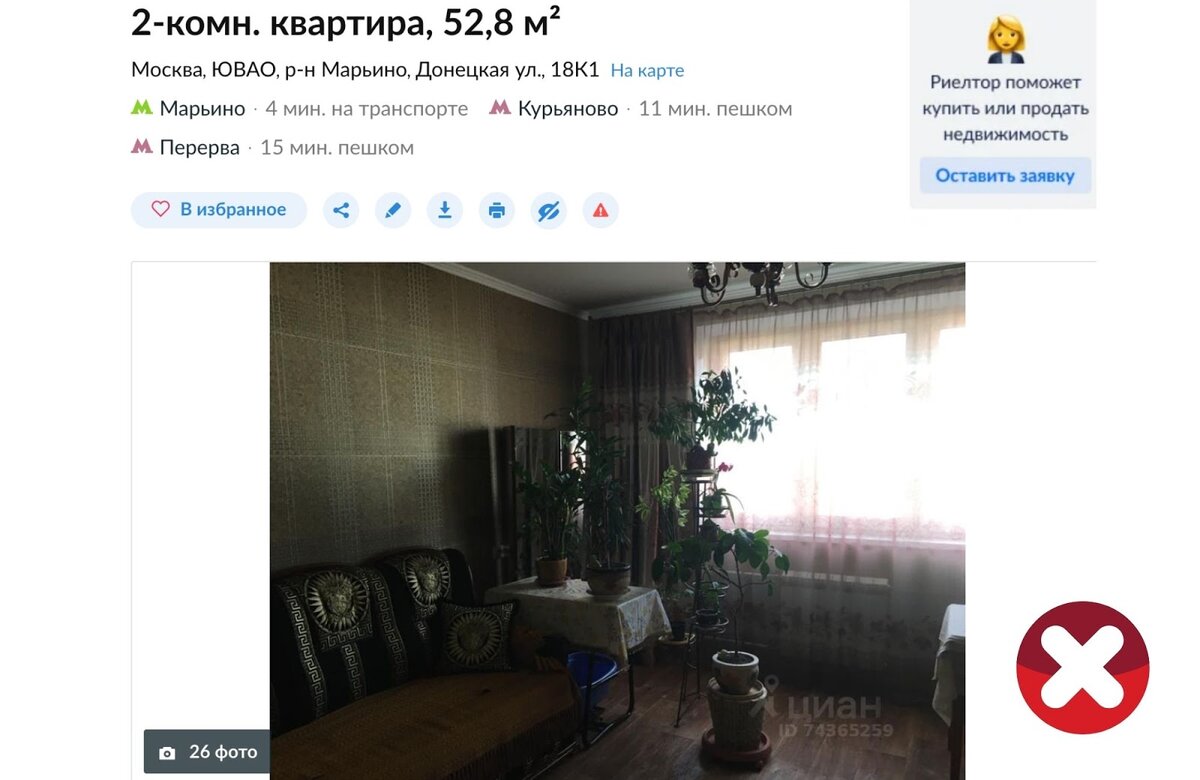 Пример объявления с тёмными фотографиями и нерасчищенным пространством: цветы необходимо было убрать
