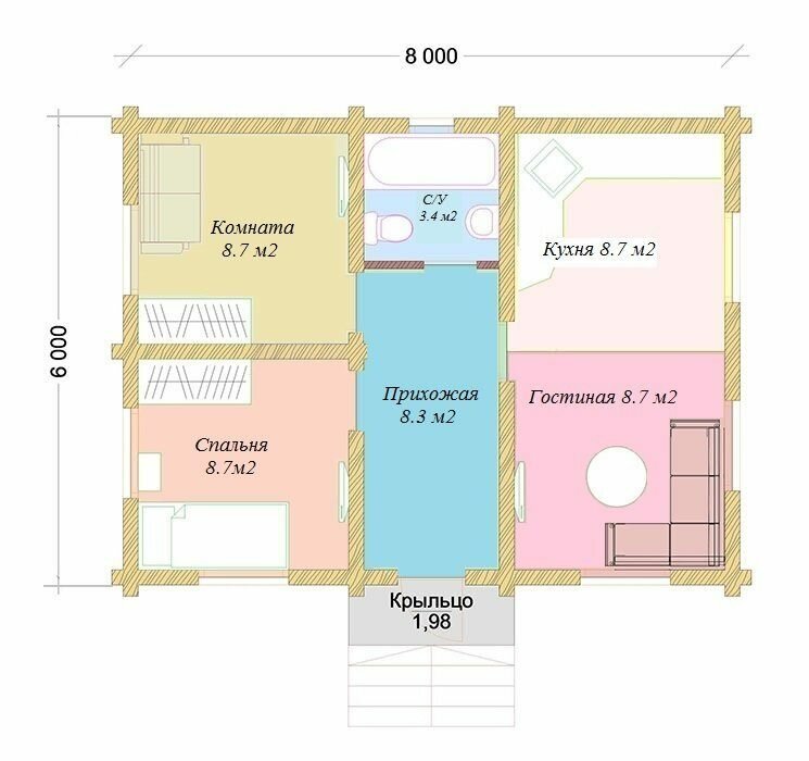 Проект каркасного дома 6х8 одноэтажный для постоянного проживания