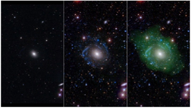 Галактика UGC 1382: a) - оптическом, b) - с добавкой ультрафиолетового диапазона, c) – с наложение водорода низкой плотности. 
