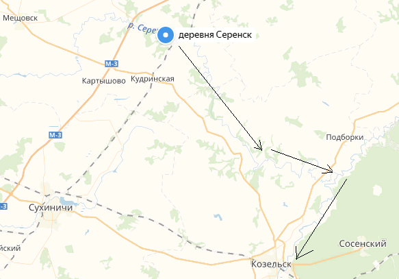 Маршрут движения Батыя от Серенска к Козельску 