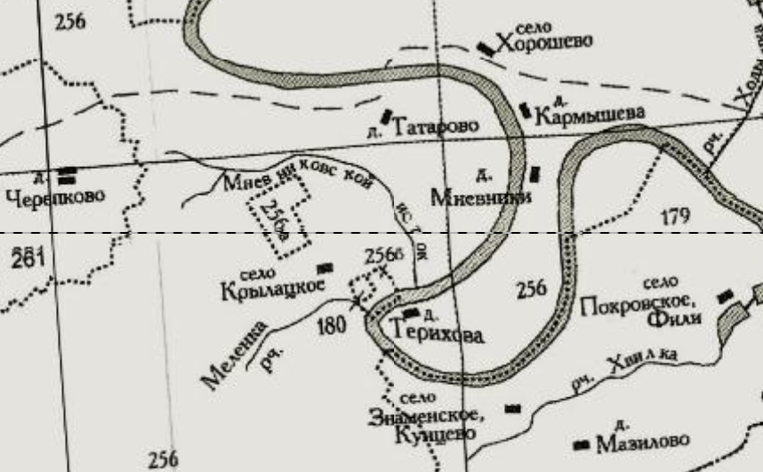 Село Крылатское на карте Московской губернии 1766 года. К сожалению, истории очень много в статье, поэтому про деревню Татарово рассказывать не буду. Карта с сайта www.retromap.ru.
