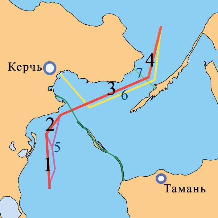 © Vslv / CC BY-SA 4.0 (1. Павловское колено КЕК; 2. Бурунское колено КЕК; 3. Еникальское колено КЕК; 4. Чушкинское колено КЕК; 5. Фарватер 52; 6. Фарватер 50; 7. Фарватер 28)