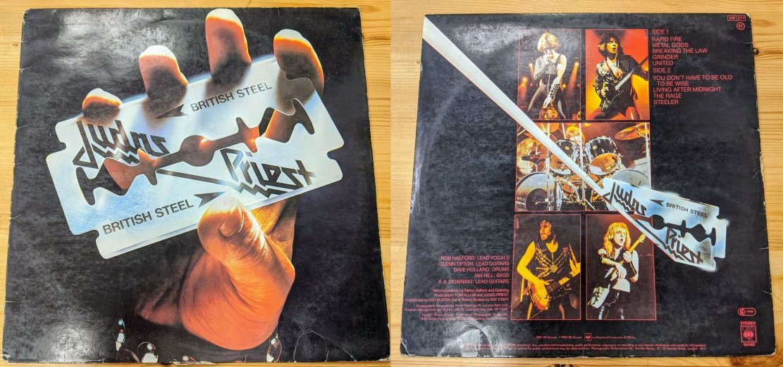 Конверт английского винилового выпуска альбома Judas Priest «British Steel», 1980 г. с передней и задней стороны