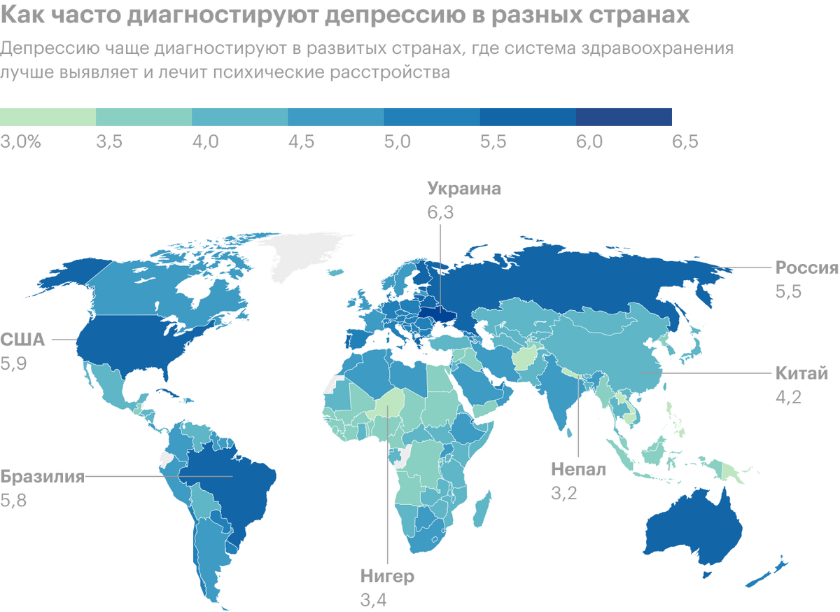 Скорее всего, эти оценки ниже реальных цифр. Особенно в менее развитых странах, где медицина не так хорошо подготовлена к диагностике и лечению ментальных расстройств. Кроме того, даже в развитых странах депрессию часто не выявляют. Источник: World Population Review, данные ВОЗ