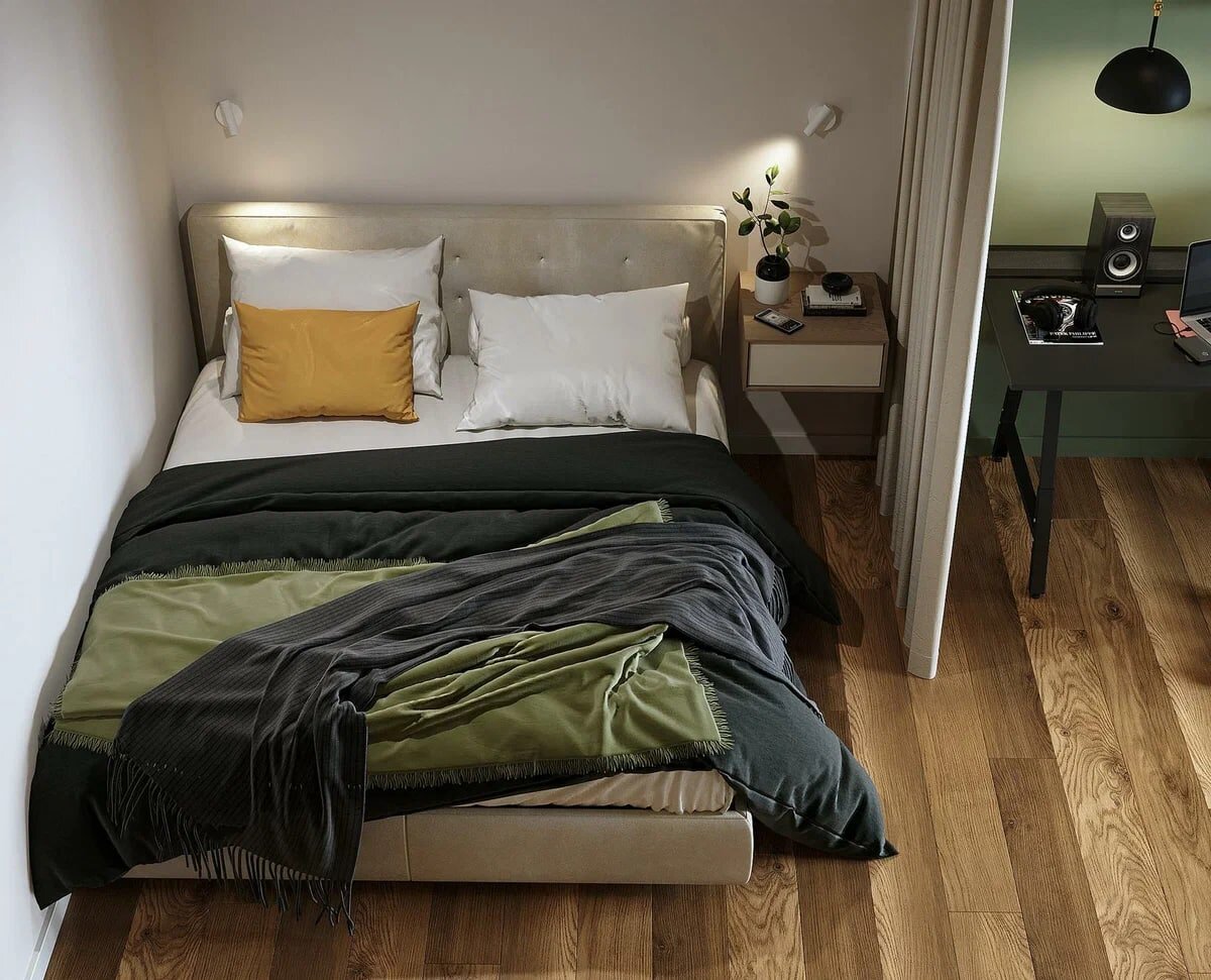 Зеленый, графитовый и светлое дерево. Элегантная однушка 48 кв.м., где уместилось всё необходимое