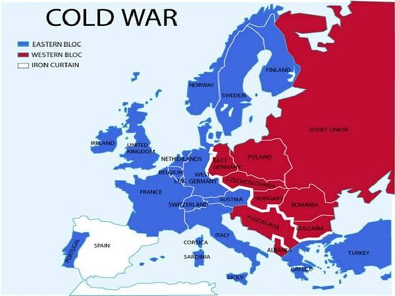 Сферы влияния во время Холодной войны (синий цвет – США, красный – СССР)