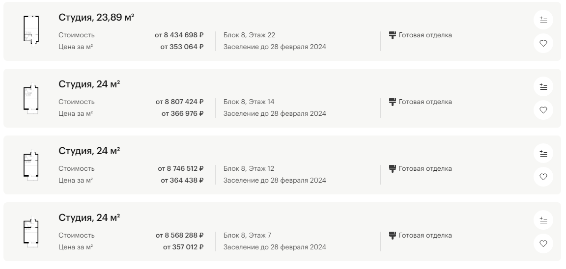 Источник https://www.pik.ru/search/gp/studio?sortBy=area&orderBy=asc