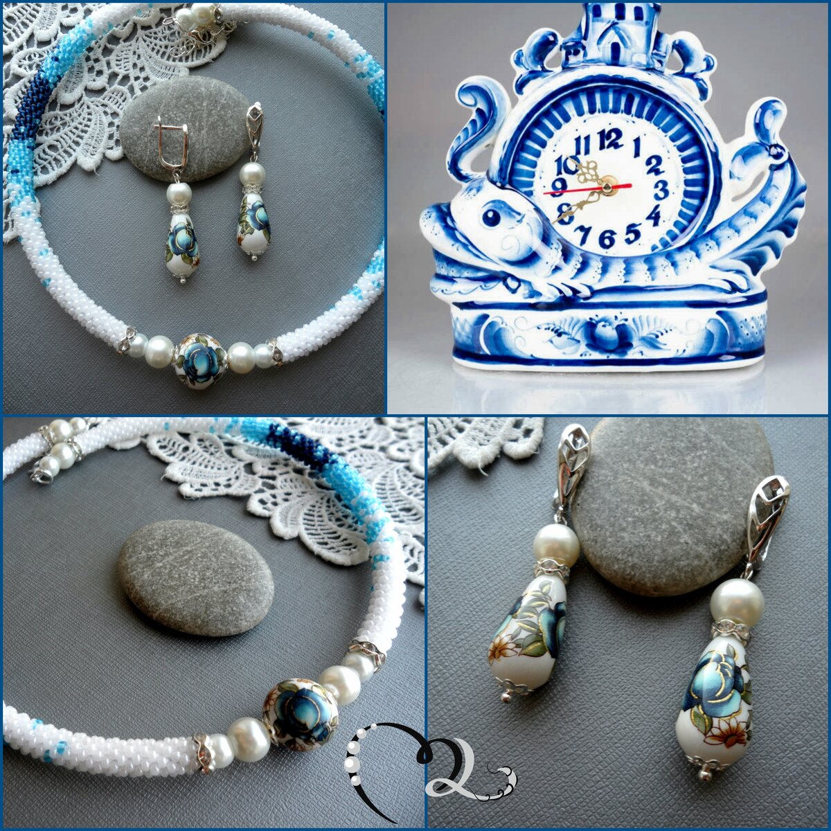 Чокер и серьги "Гжель", бисер, бусина Тенша (Япония), жемчуг (Чехия), фурнитура под серебро, мемори-проволока 
