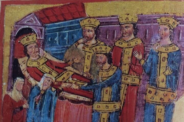 Умирающий Александр вручает перстень Пердикке.