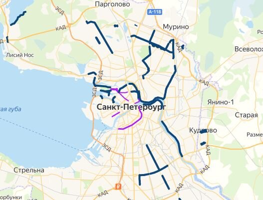 Карта велодорожек Петербурга. Фото с http://citymap.spb.ru.
