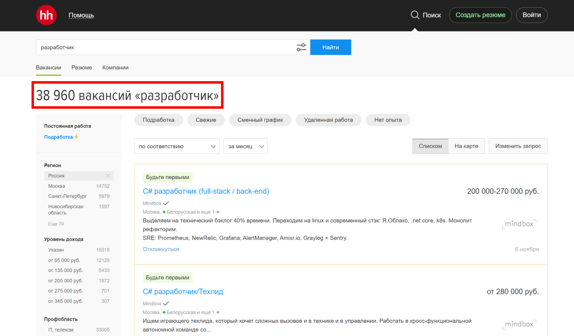 На HeadHunter открыто почти 40 000 вакансий для разработчиков, только 14 700 из них в Москве; а ещё в IT нужны системные администраторы, тестировщики, руководители, дизайнеры и другие специалисты