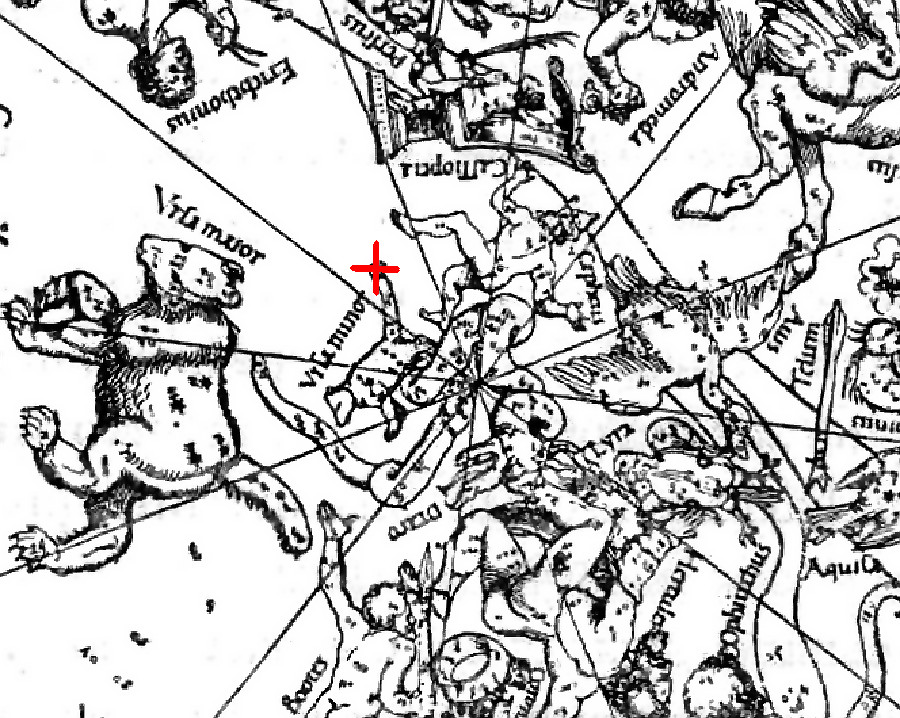 Красным крестом обозначено современное положение оси вращения Земли