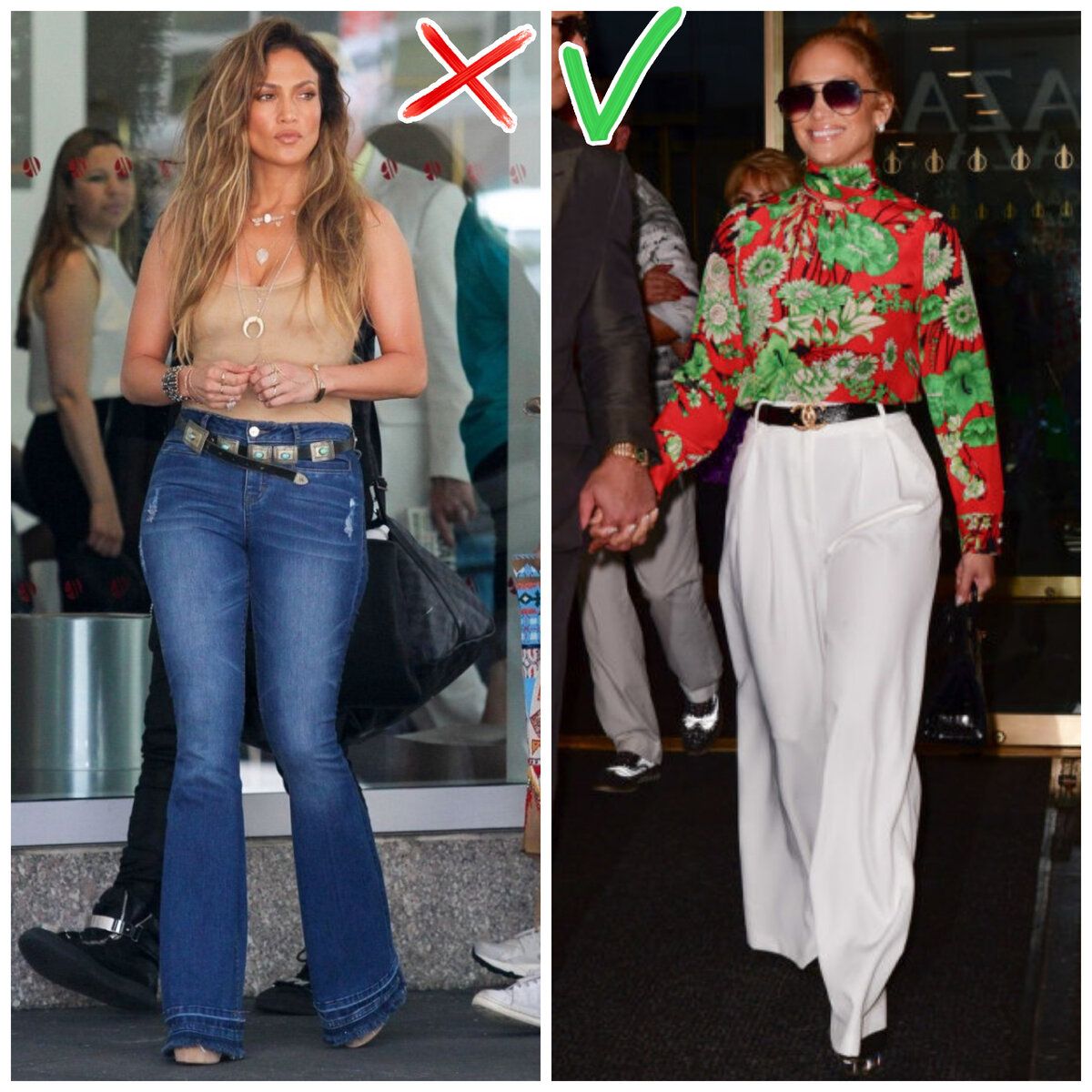 Ещё можно сделать акцент наверху, например, в виде яркой водолазки. Также белые потёртости на джинсах и их неправильный размер и посадка визуально увеличивают ноги. 